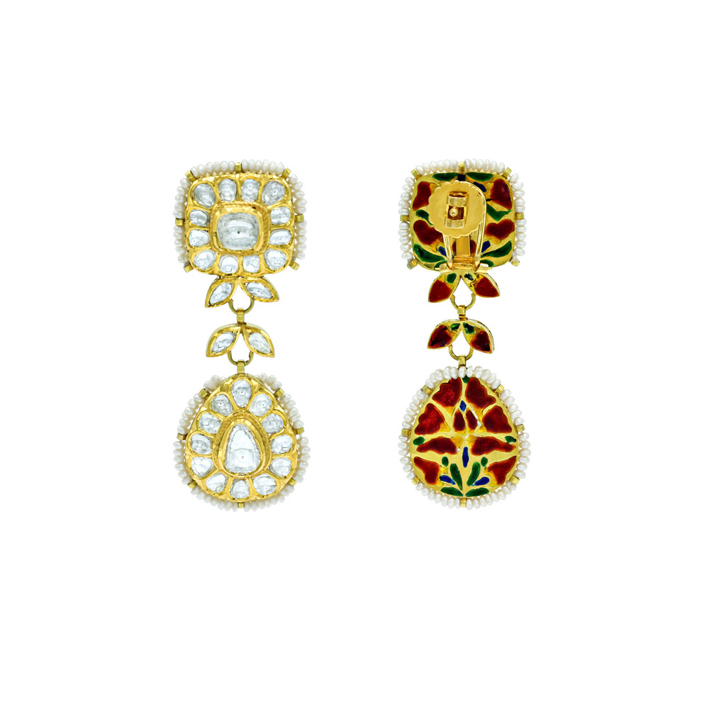 Polki Square Necklace Set with Polki Leaves and Pear Drop